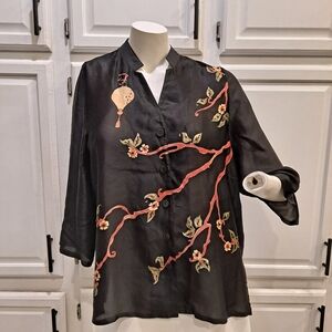 What If? Black 100% Silk Blouse with Colorful Floral Beaded Print Asian Inspired